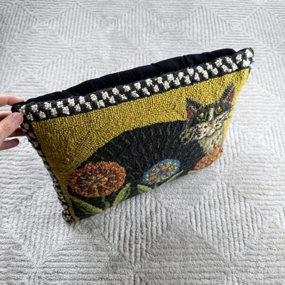 Penny Flower Cat Hooked Pillow Folk Art Decor Cottagecore Farmhouse Boho Rustic